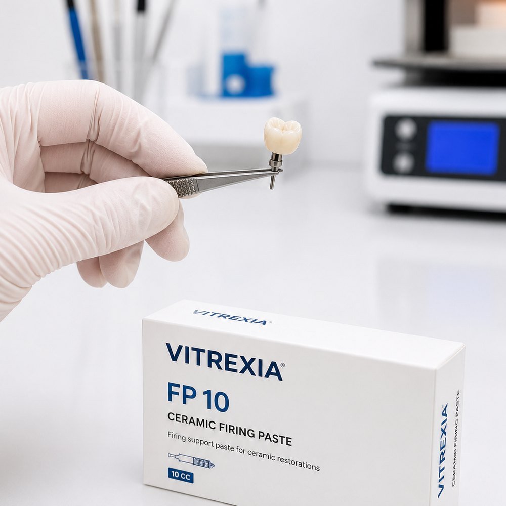 VITREXIA FP10 ceramic firing paste box in a dental laboratory, technician holding a ceramic crown on a firing pin